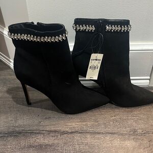 Express Elegant Black Heeled Boots with Crystal Accent